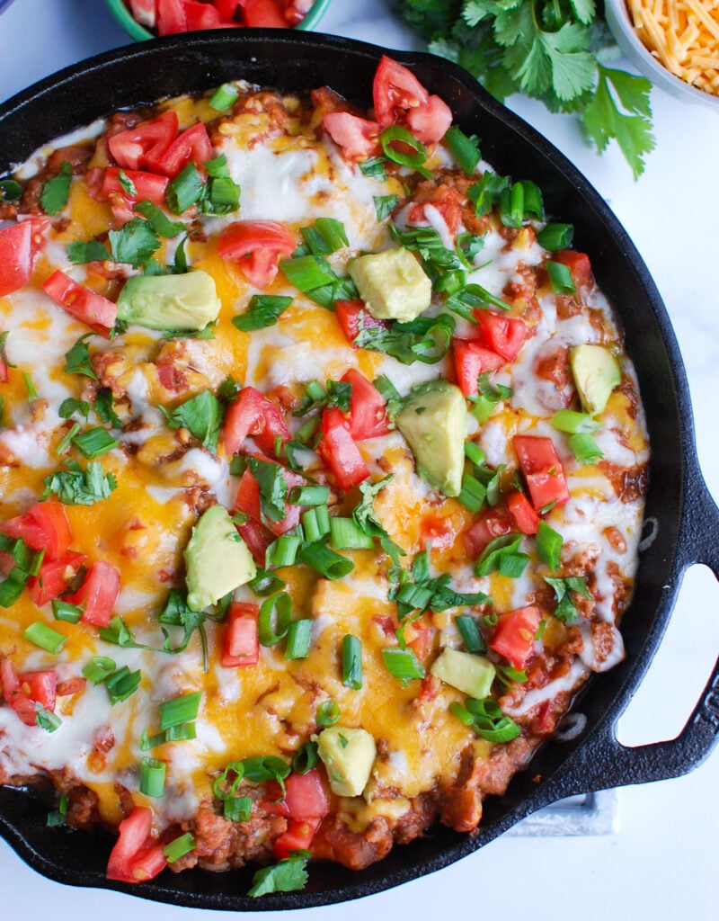 Beef Taco Dip in black skillet