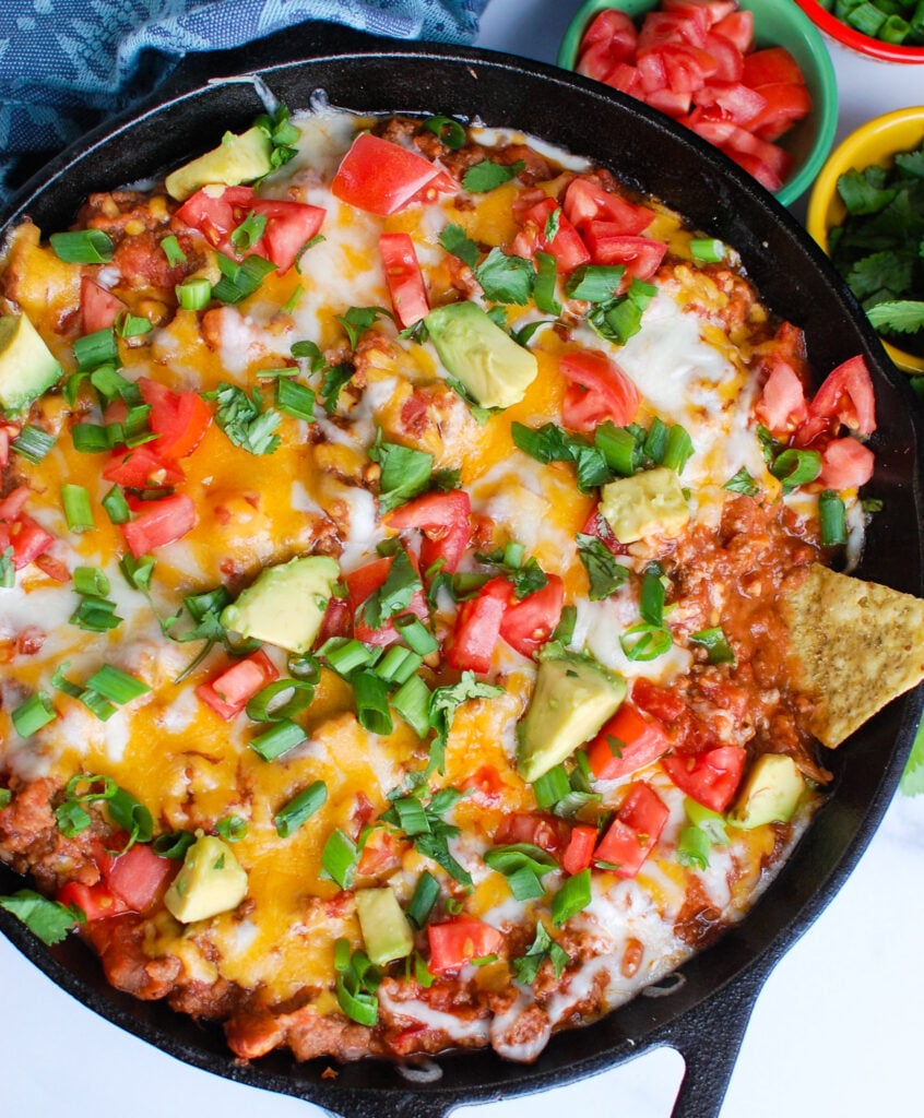 Beef Taco Dip in a skillet