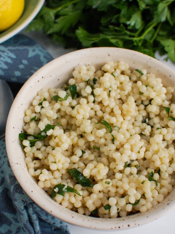 Lemon Pearl Couscous Recipe with napkin.