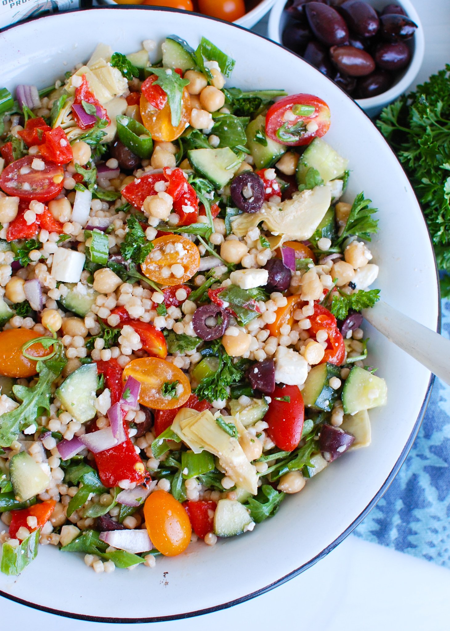 Mediterranean Couscous Salad white bowl