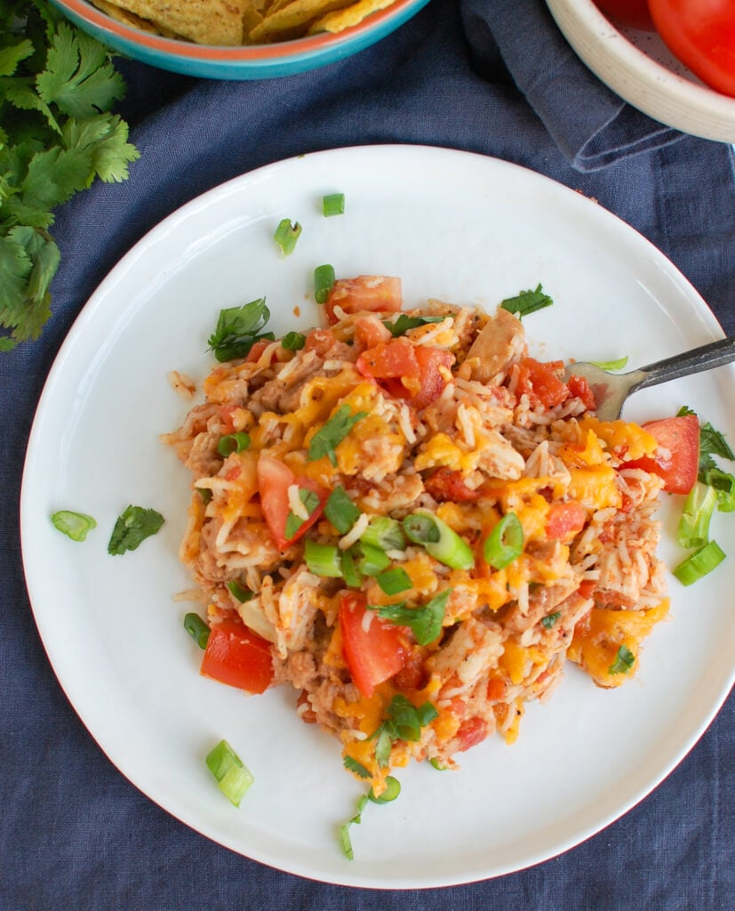 Mexican Chicken Casserole on a white plate 