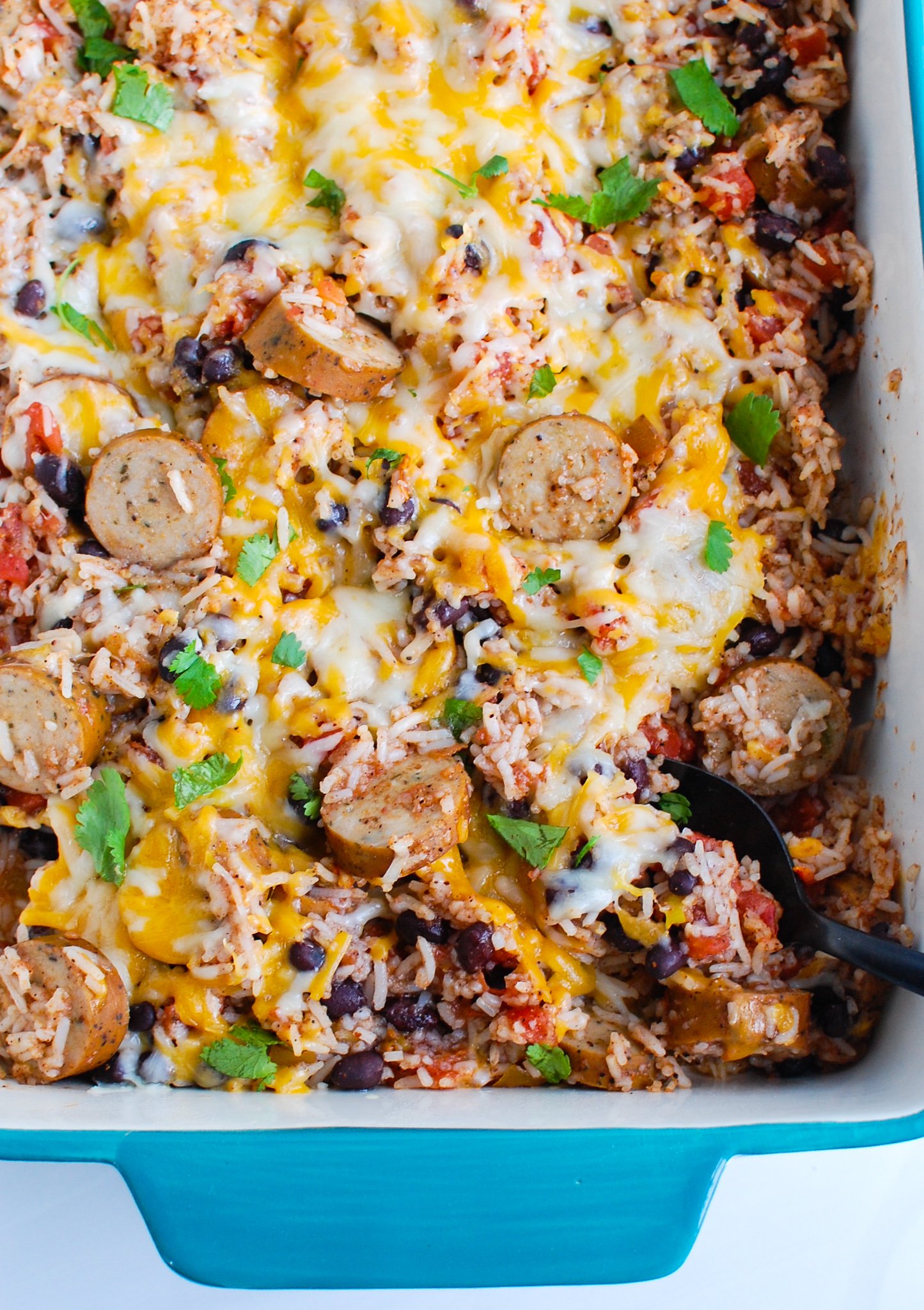 Sausage and Bean Casserole in a large casserole dish 