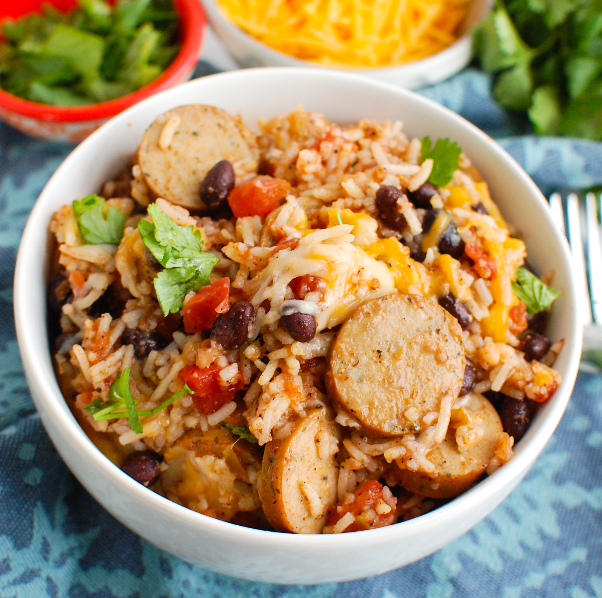 Sausage and Bean Casserole in a white bowl
