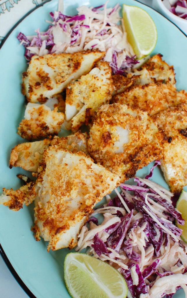 Easy Cod Fish Tacos on blue platter