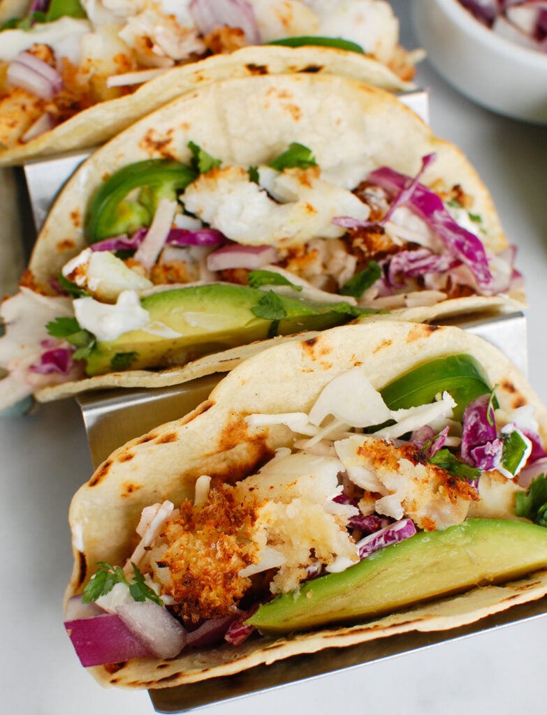 Easy Cod Fish Tacos in silver tray