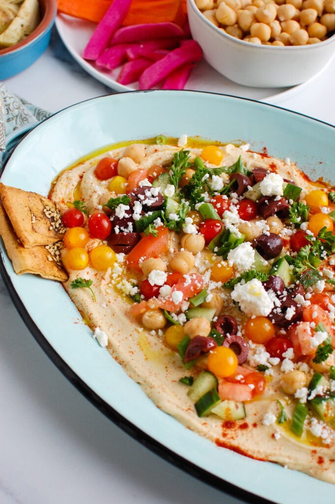 Hummus Platter on teal platter 