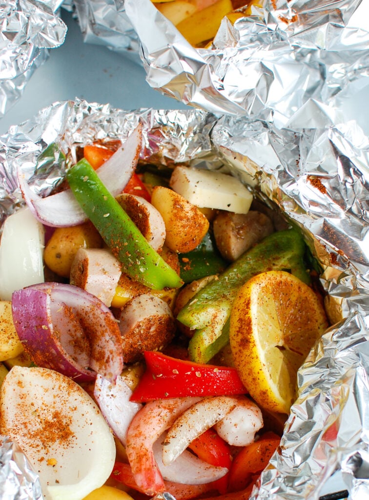 Sausage and Shrimp Foil Packets in the packet