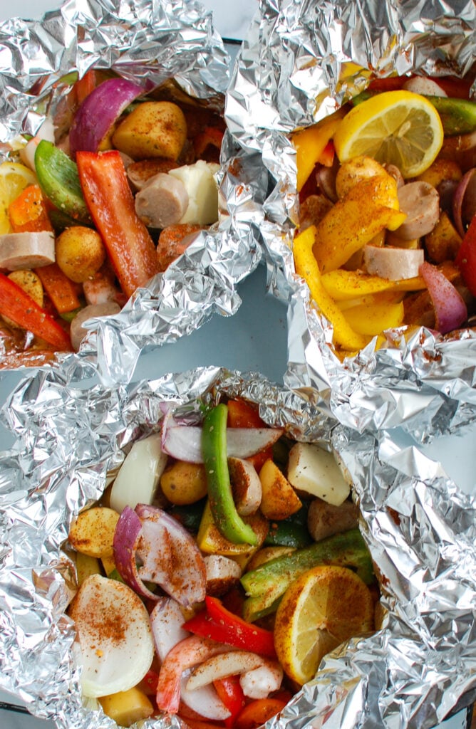Sausage and Shrimp Foil Packets in foil 