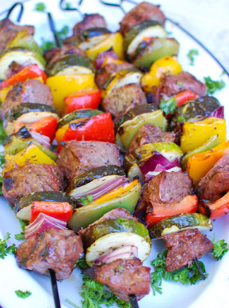 Mediterranean Beef Kabobs on platter 