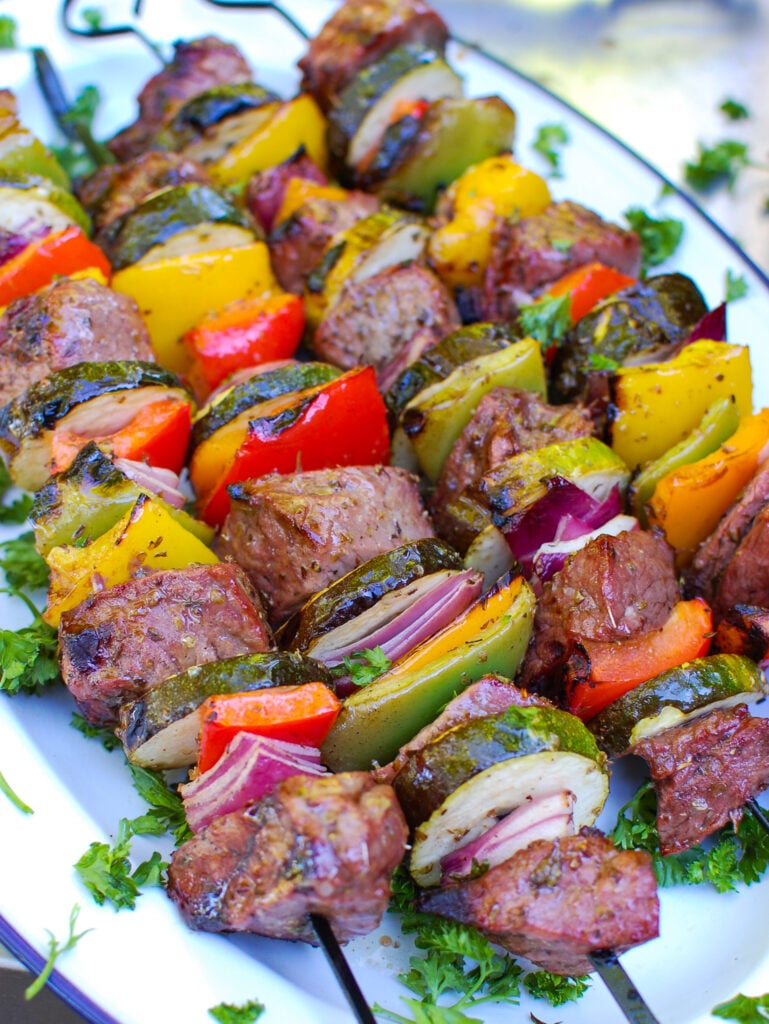 Mediterranean Beef Kabobs on white plate