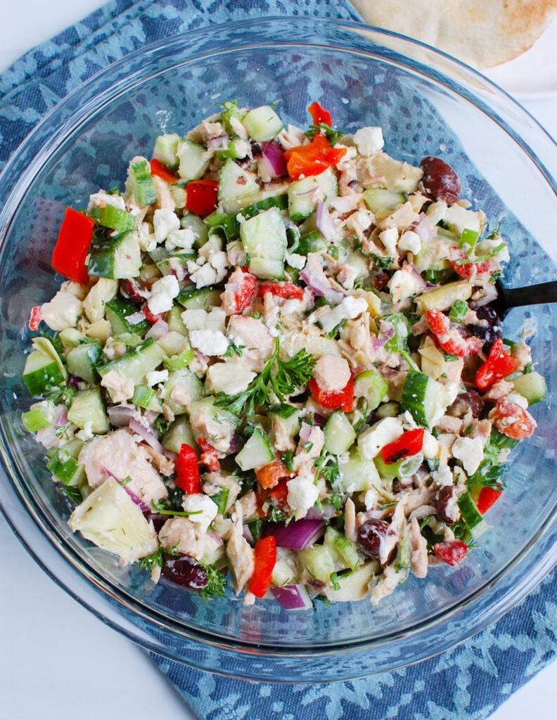 Mediterranean Tuna Salad with blue napkin
