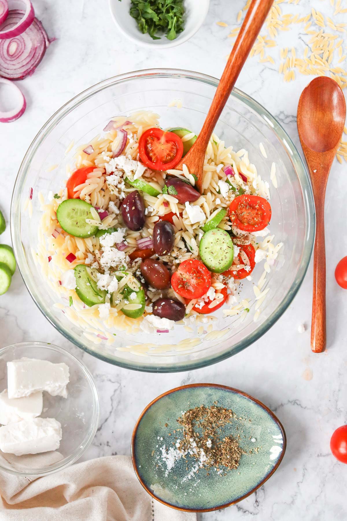 Greek Orzo Pasta Salad with spoon