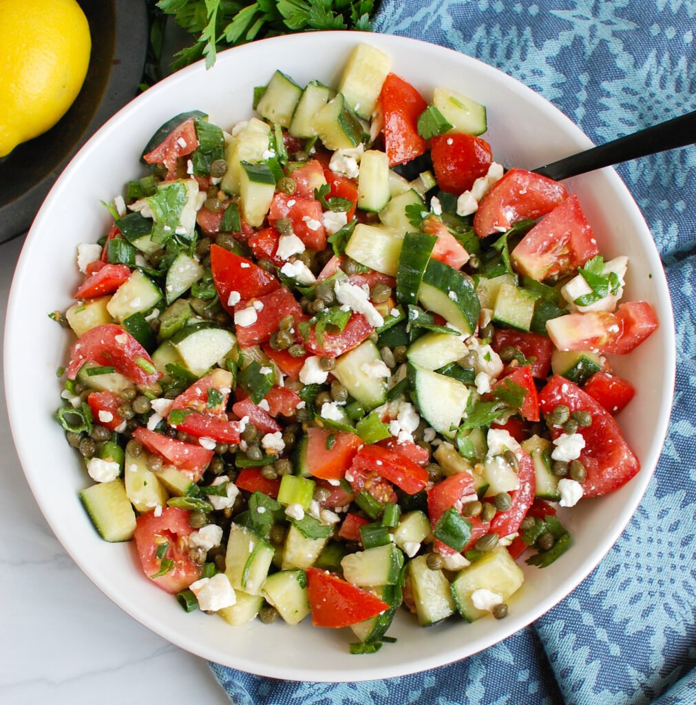 Cucumber Salad with Capers with spoon 