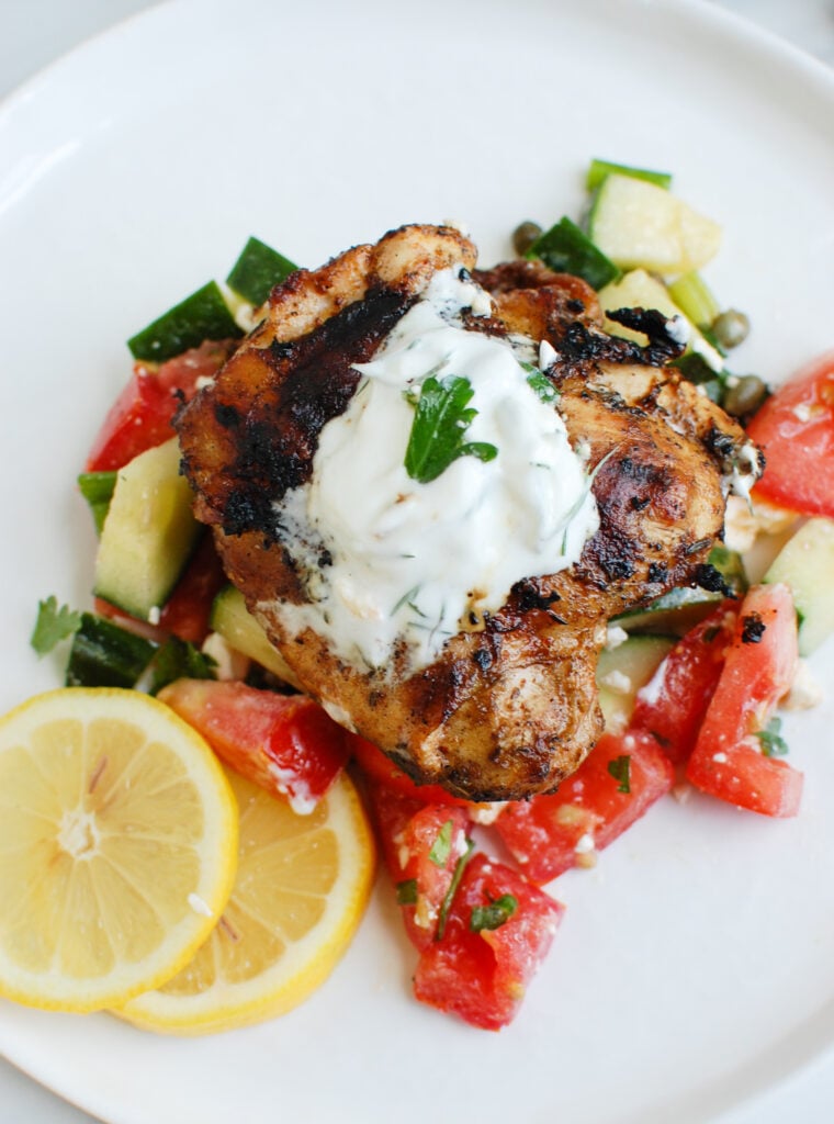 Greek Marinated Chicken with Tzatziki with yogurt on top