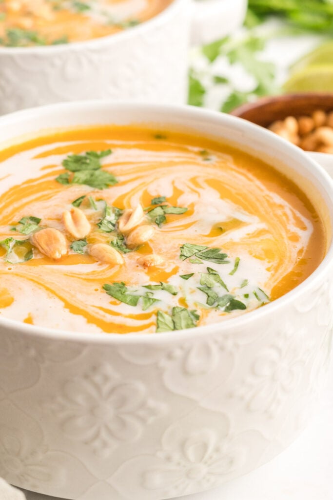 Instant Pot Butternut Squash Soup in white bowl 