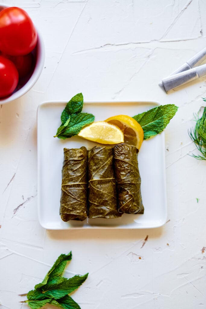 Stuffed Grape Leaves on white plate