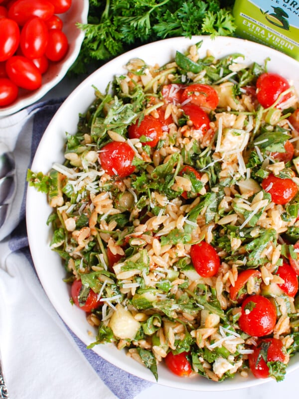 Tomato Feta Orzo Salad in bowl