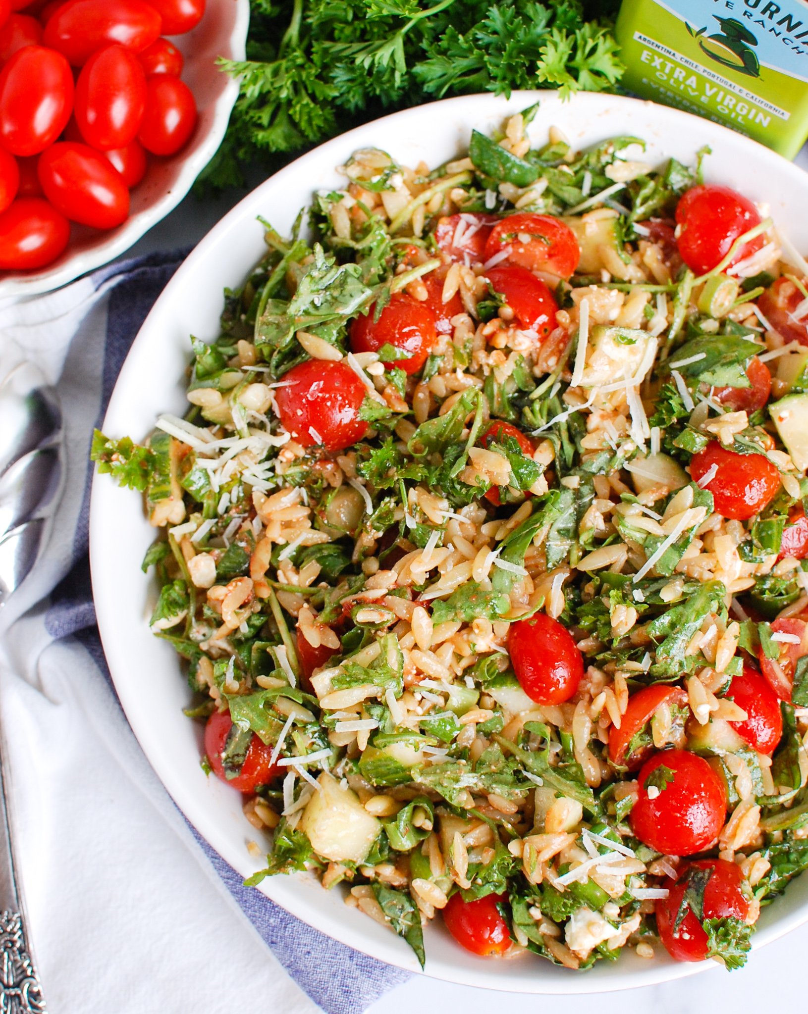 Tomato Feta Orzo Salad in bowl