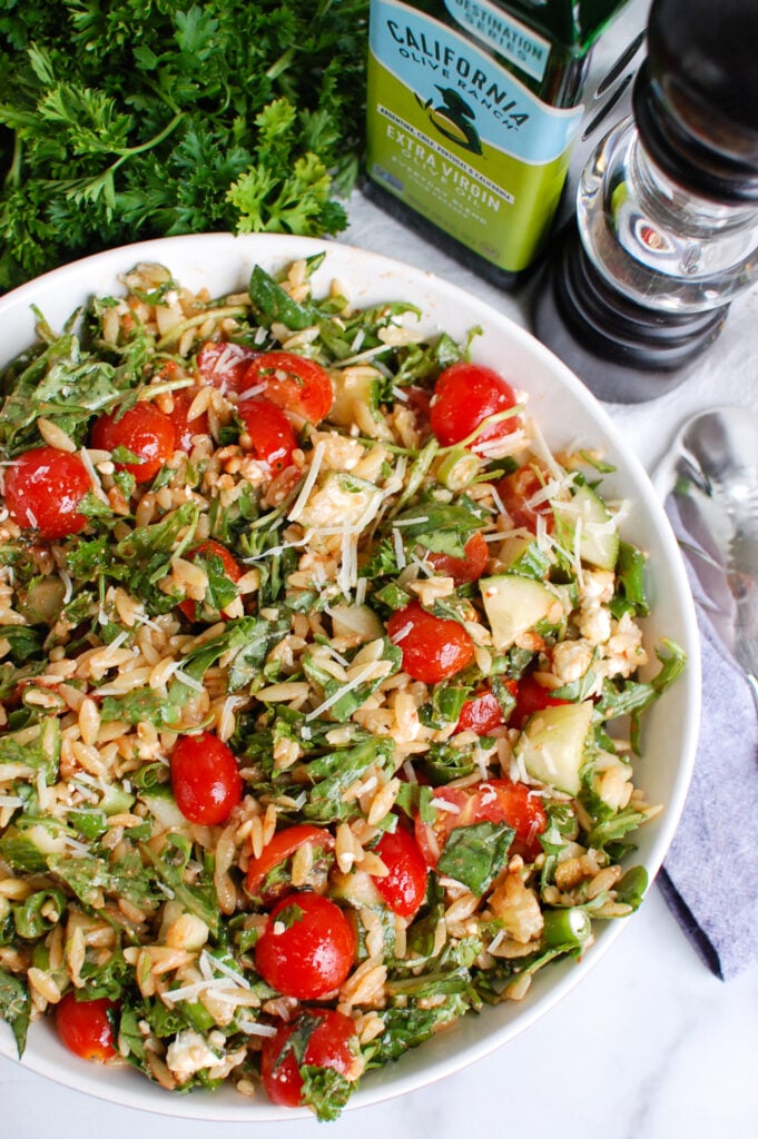 Tomato Feta Orzo Salad with napkin