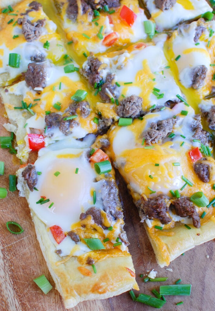 Turkey Sausage and Egg Puff Pastry Pizza cut 