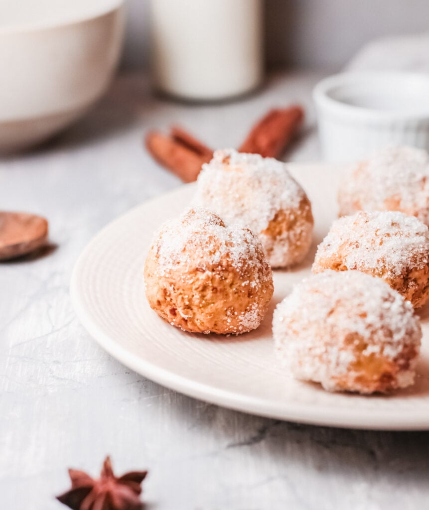 Air Fryer Donut Holes on a white plate 