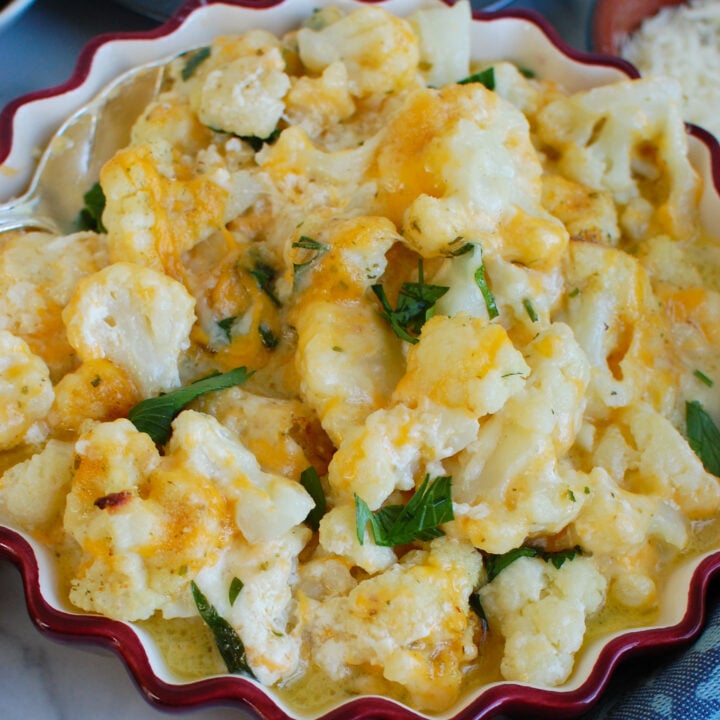 Cheesy Cauliflower in red dish