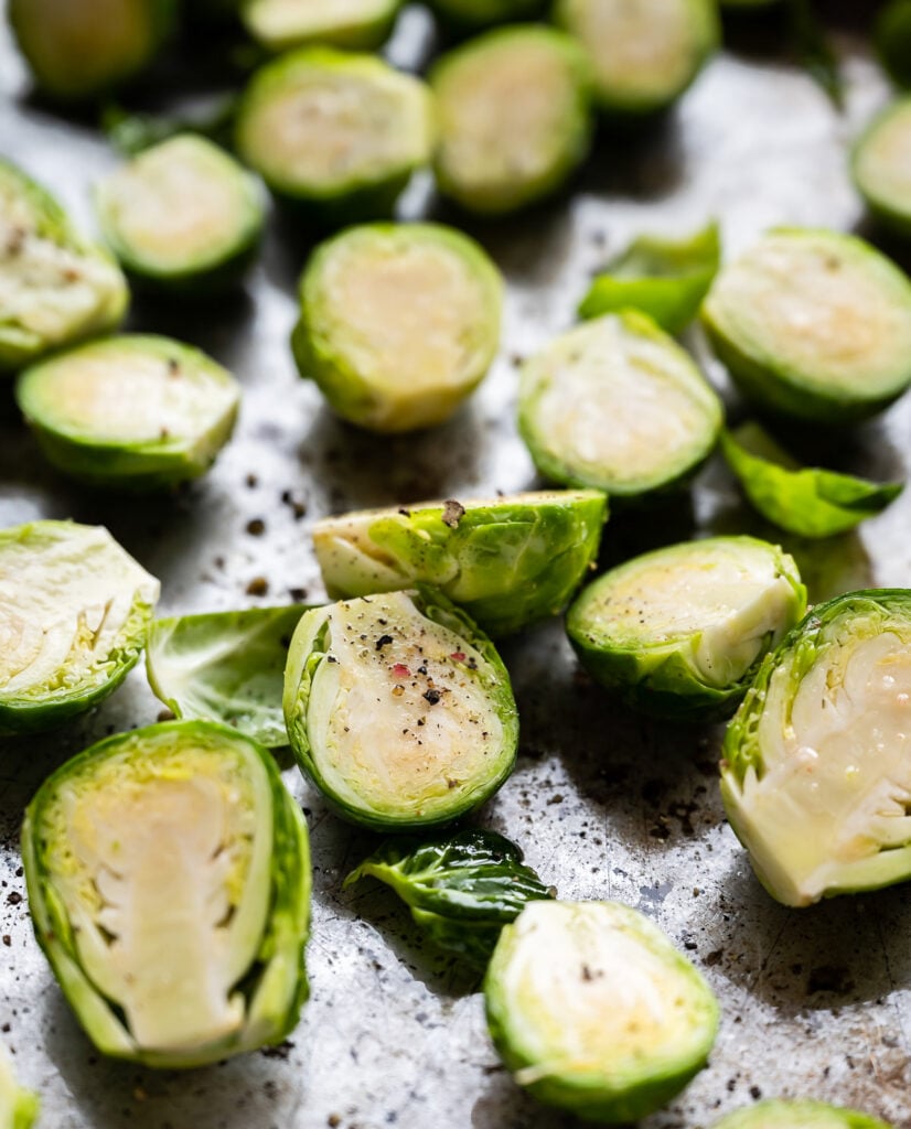 Roasted Balsamic Brussels Sprouts on baking sheet 