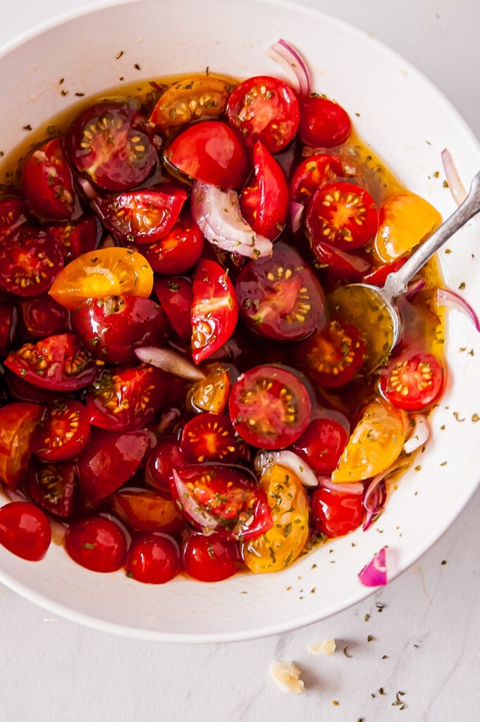 Simple Marinated Tomatoes in a bowl 