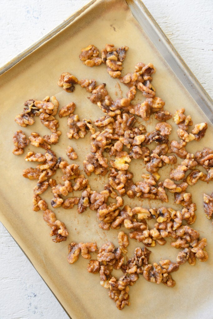 Easy Candied Walnuts on baking sheet