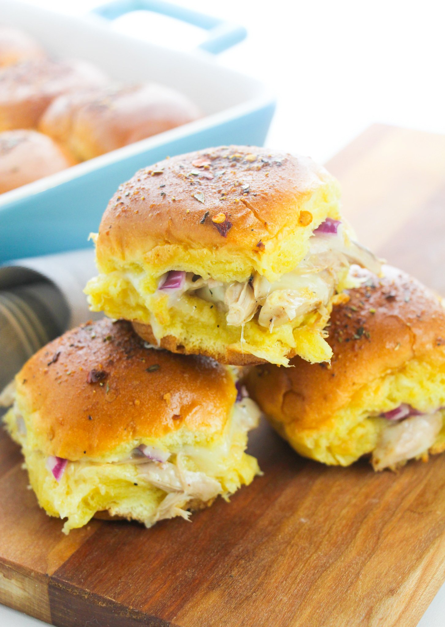 Easy Chicken Sliders stacked on top of each other
