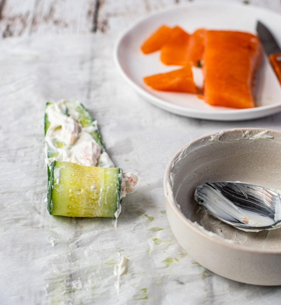 Smoked Salmon Cucumber Appetizer Bites rolled up
