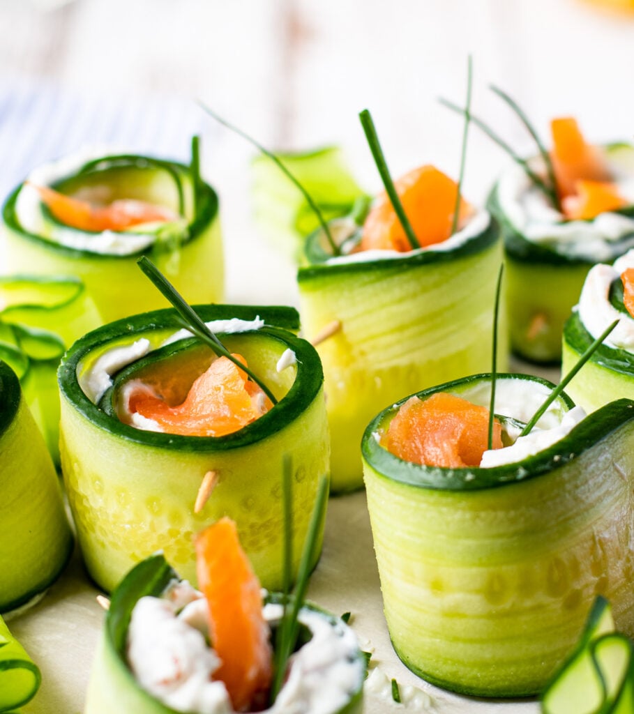 Smoked Salmon Cucumber Appetizer Bites on plate