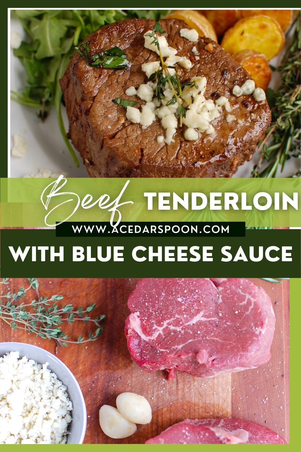 Beef Tenderloin Steaks with Creamy Blue Cheese Sauce with logo. 