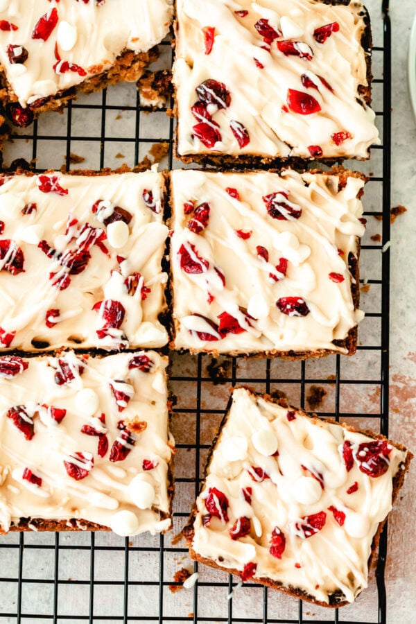 Cranberry Bliss Bars on wire rack
