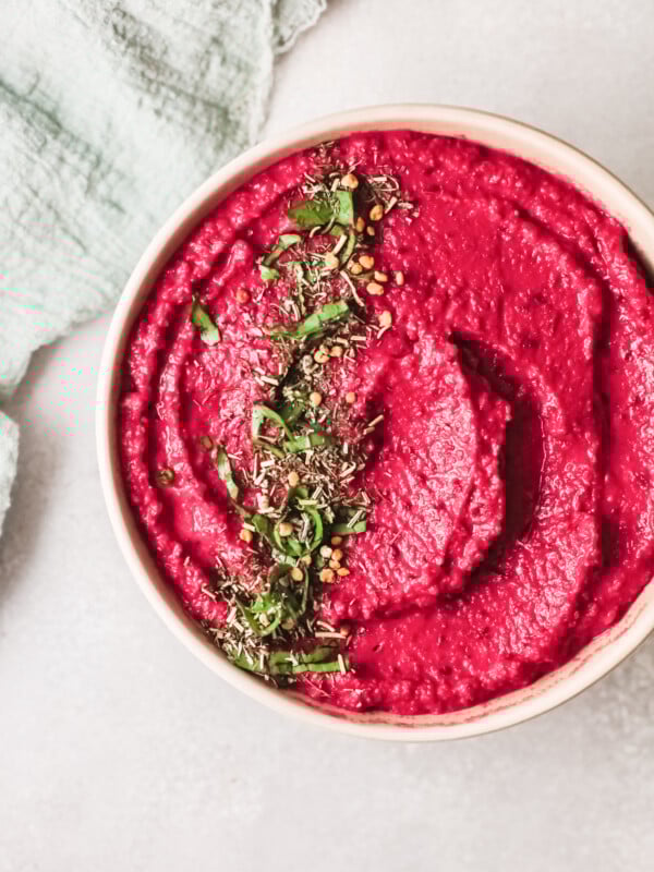 Easy Beet Hummus above shot in bowl