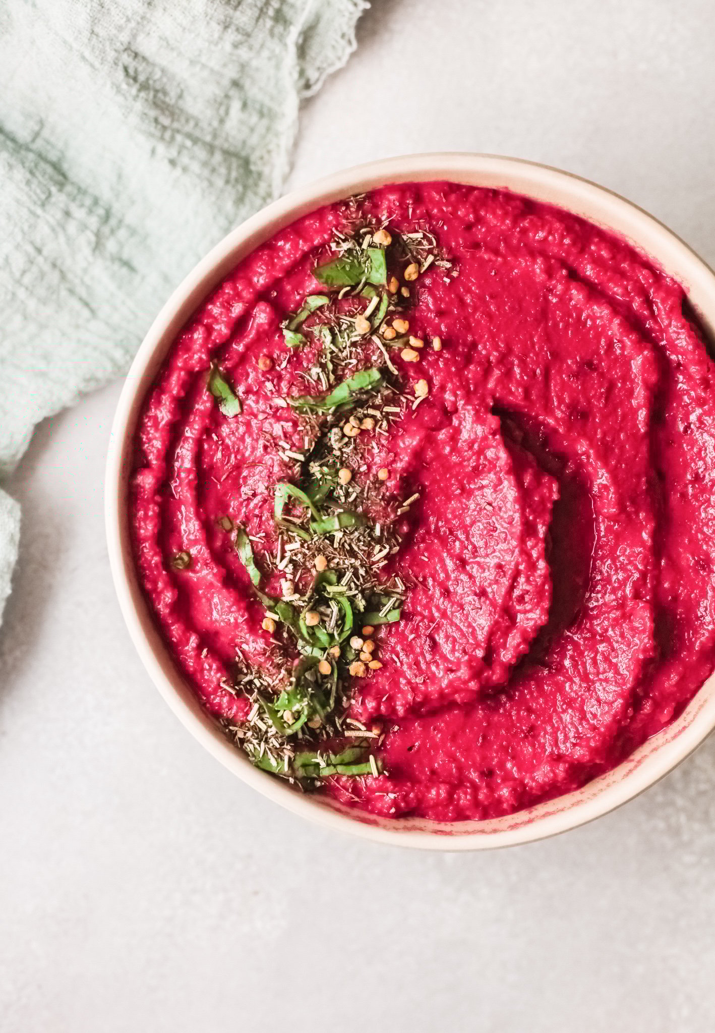 Easy Beet Hummus above shot in bowl 