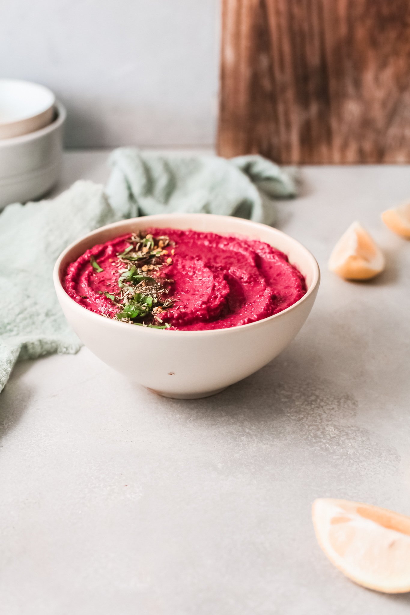 Easy Beet Hummus in bowl 