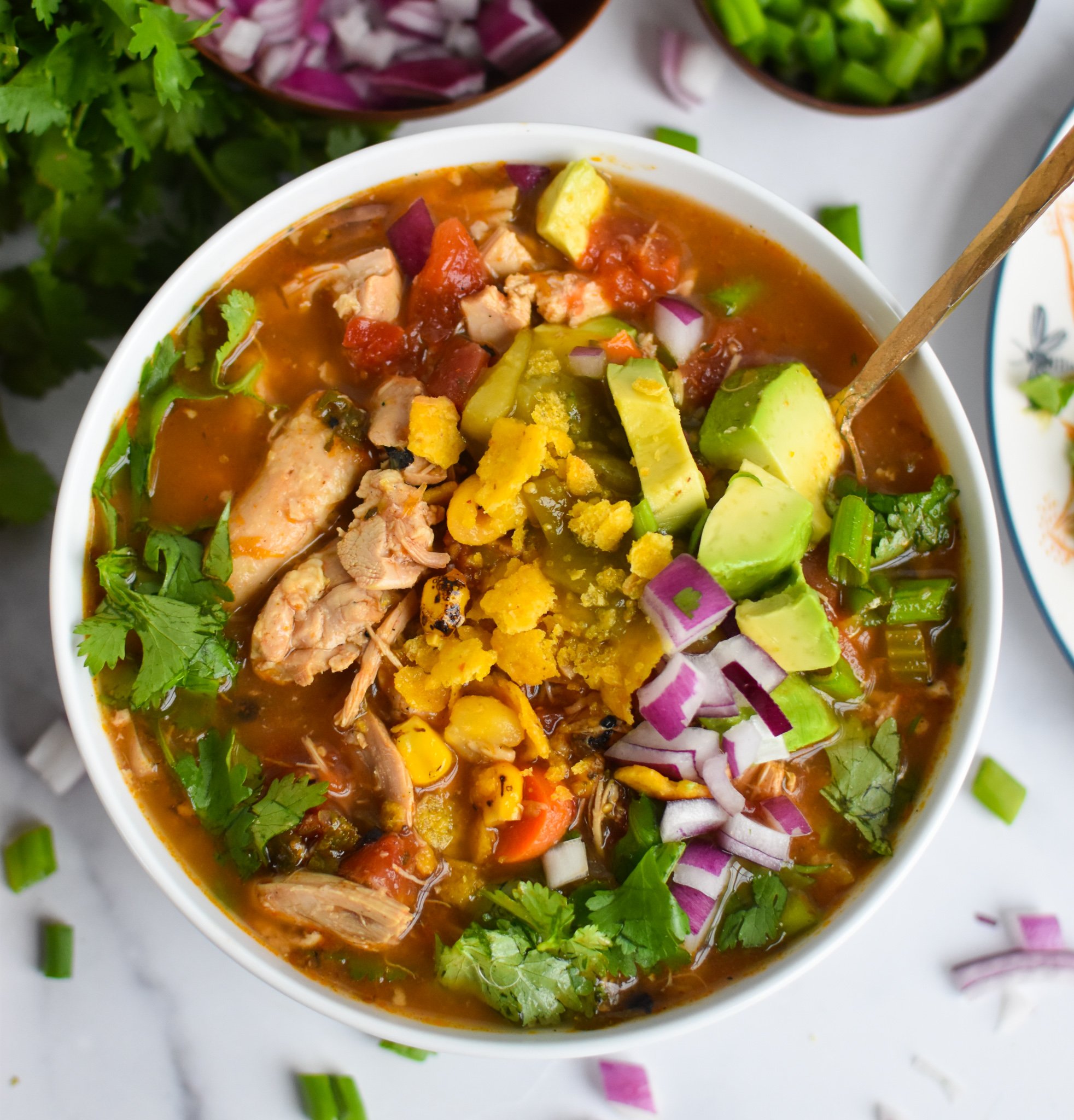 Green Chili Chicken Soup with avocado