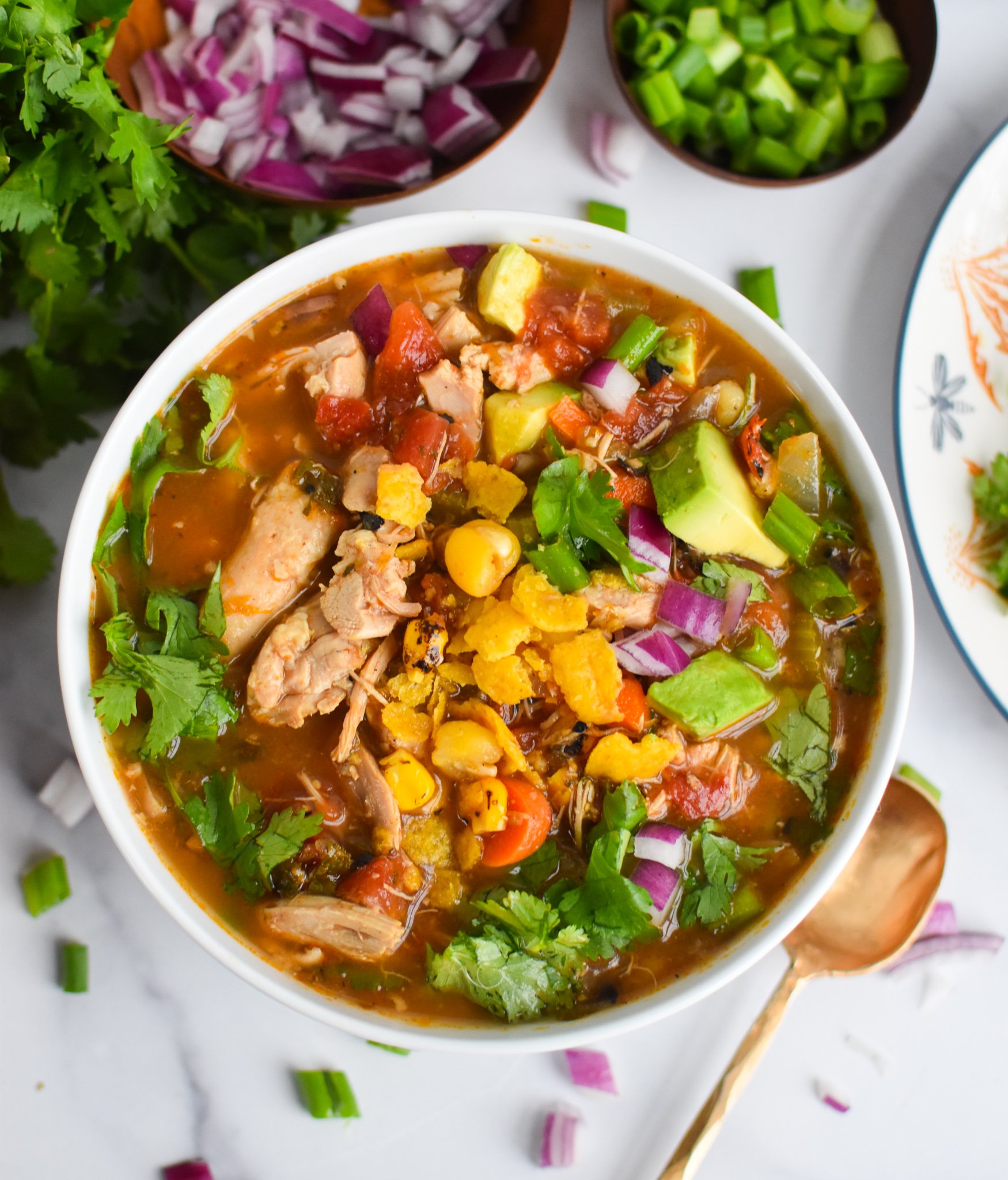 Green Chili Chicken Soup in white bowl 