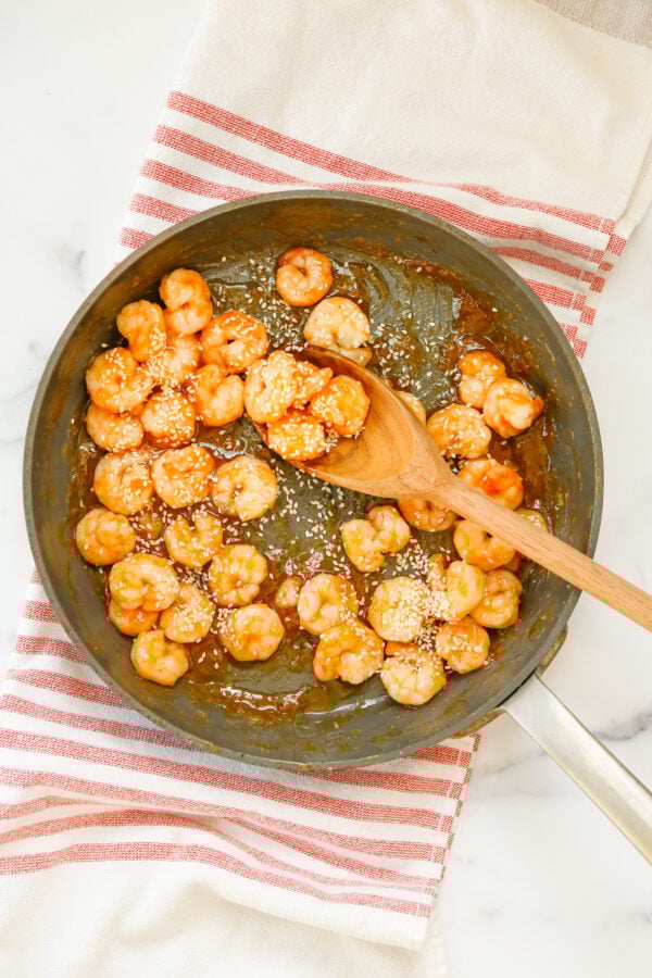 Honey Garlic Sriracha Shrimp in skillet 