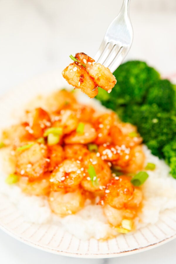 Honey Garlic Sriracha Shrimp with fork
