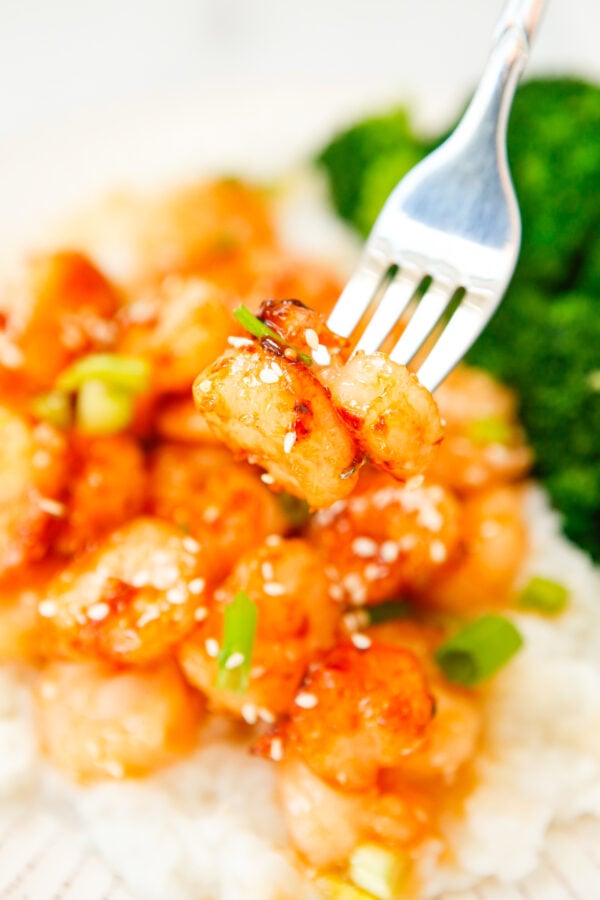 Honey Garlic Sriracha Shrimp with fork