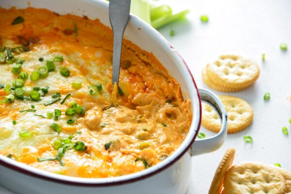 How to Make Buffalo Chicken Dip in a white dish