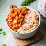 Chickpeas with Curry in a bowl with rice.