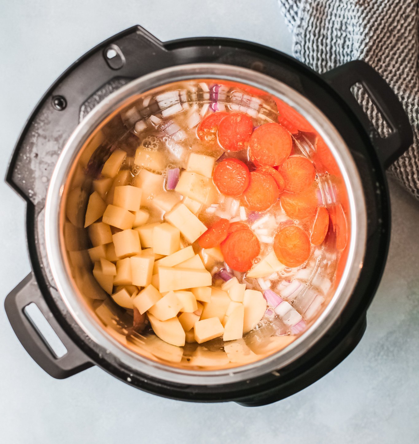 Instant Pot Bean Soup with carrots and red onion.