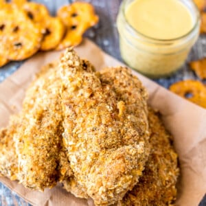 Pretzel Crusted Chicken Recipe with honey mustard.