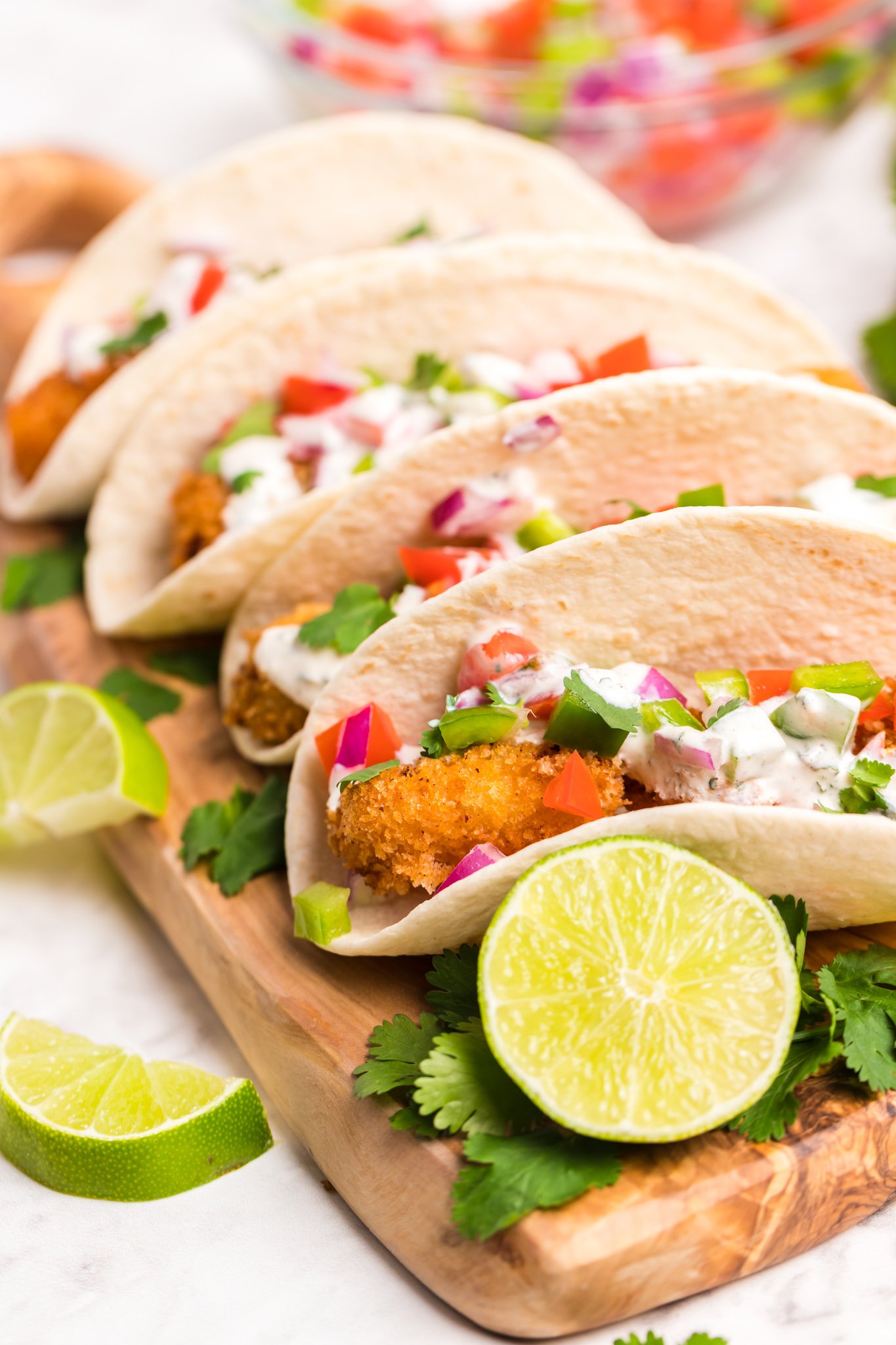 Air Fryer Tilapia tacos with salsa. 