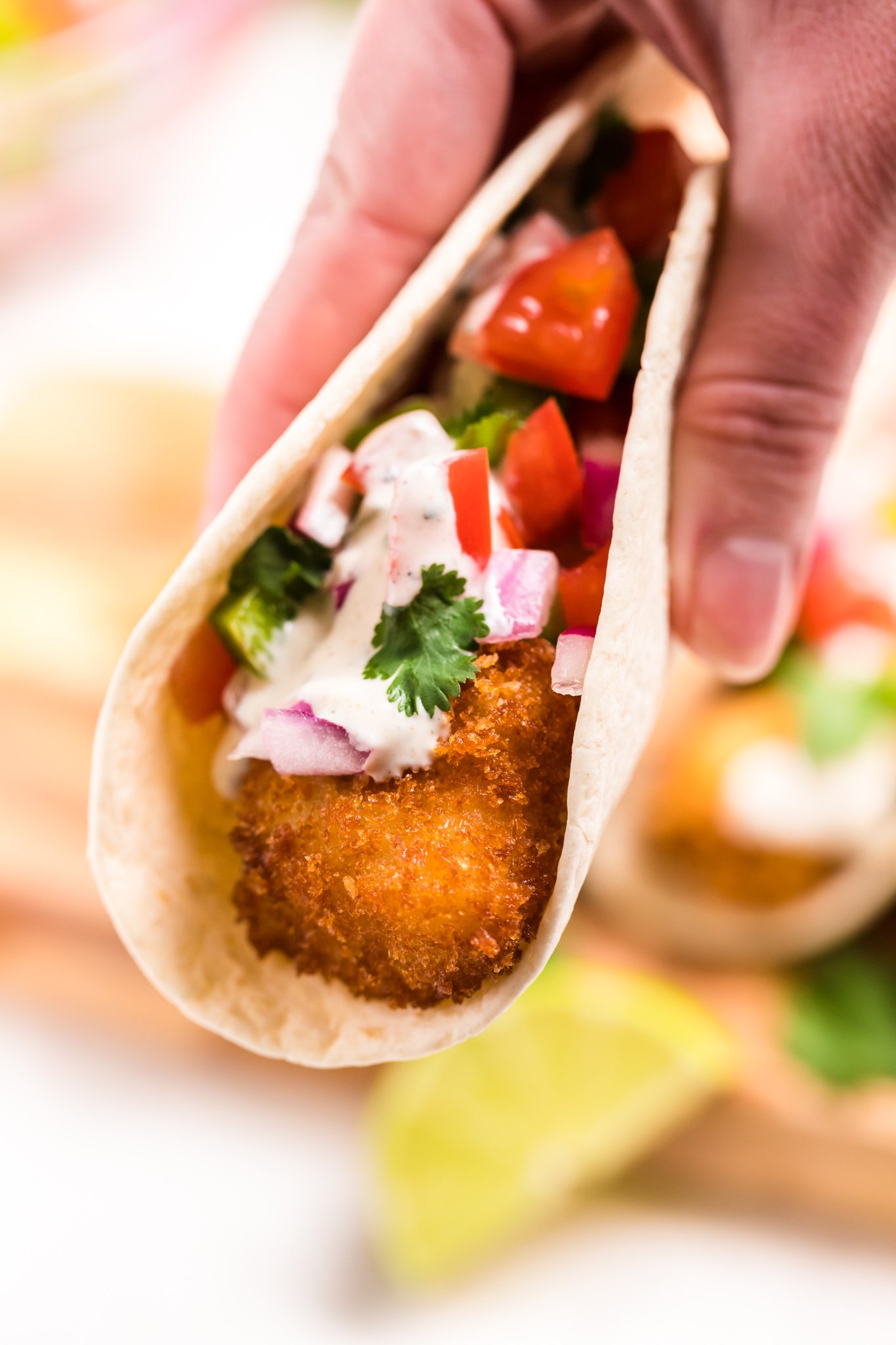 Air Fryer Tilapia in tacos with salsa. 