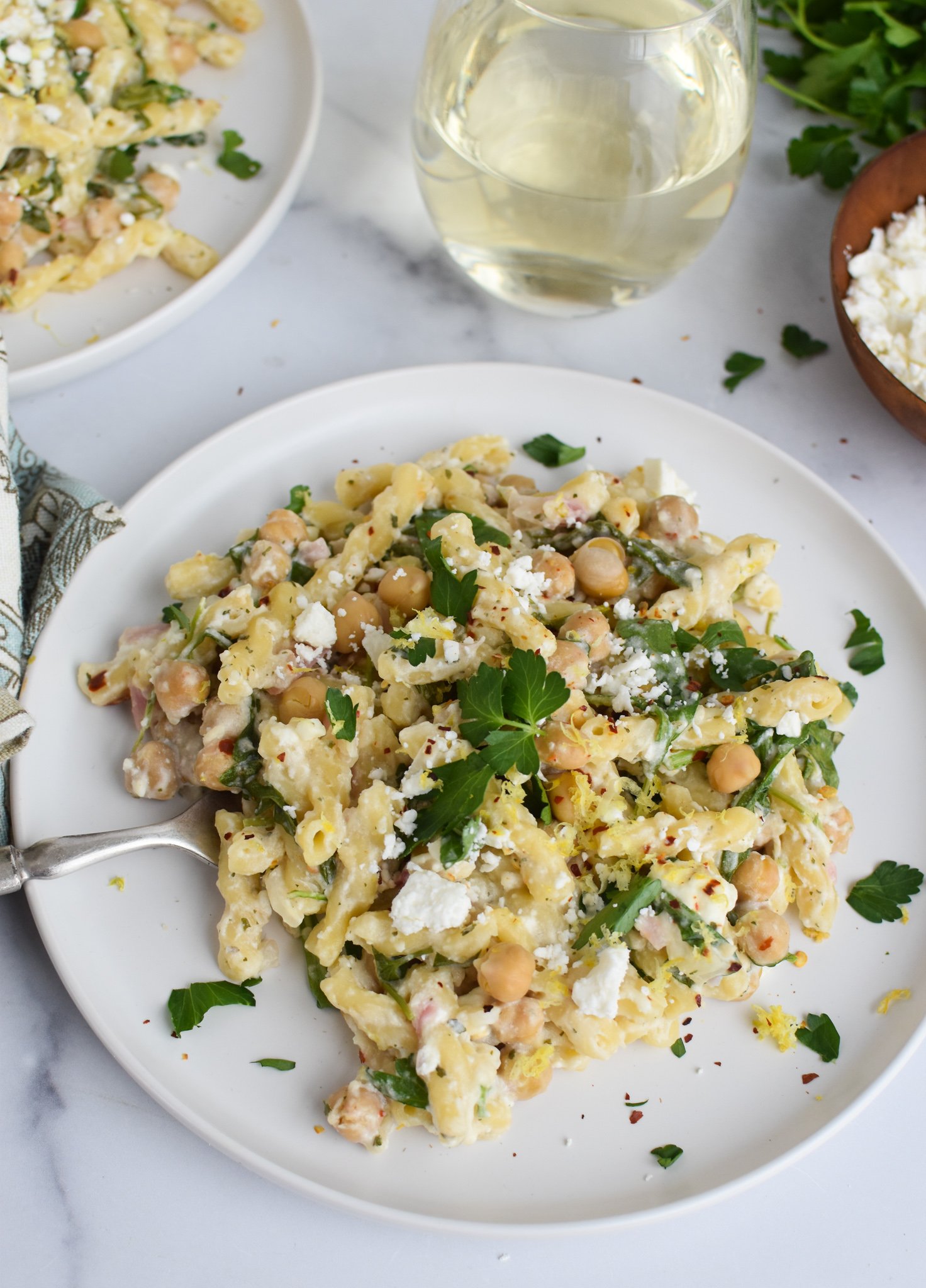 Chickpea Pasta Recipe with Feta with wine. 