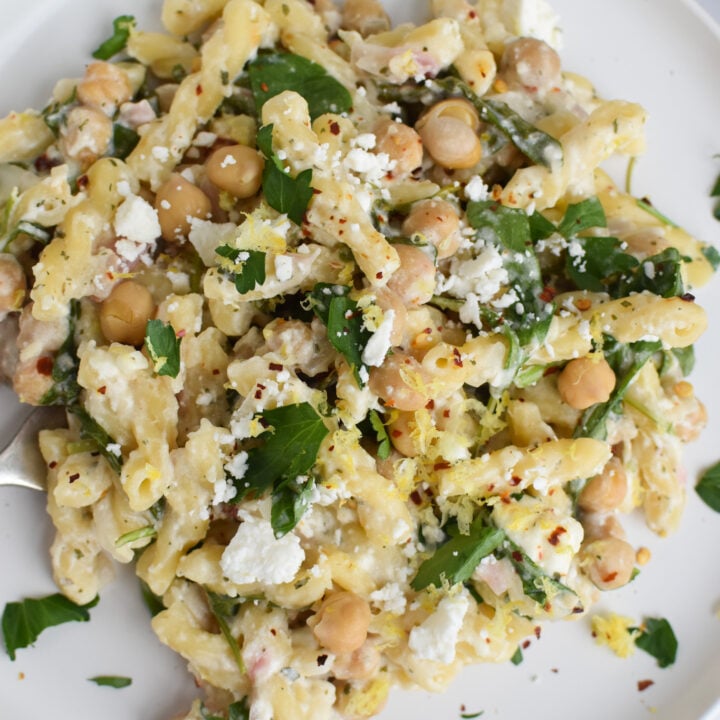 Chickpea Pasta Recipe with Feta on a white plate.
